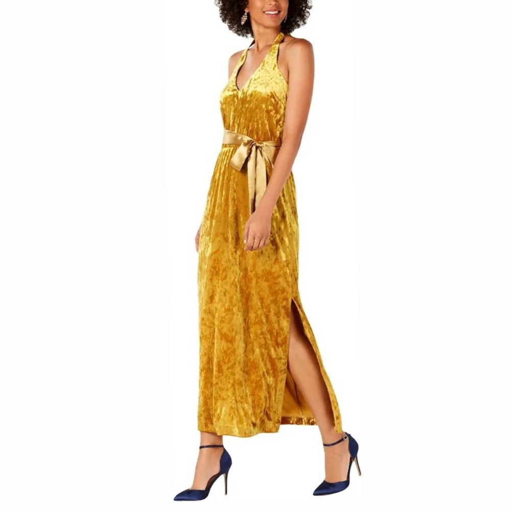 Avec Les Filles Gold Velvet Halter Maxi Dress